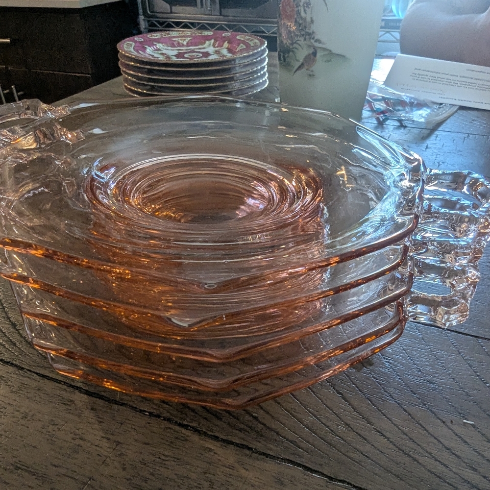 Vtg Antique Anchor Hocking Pink Depression Glass Octagon Plates Set Of 5